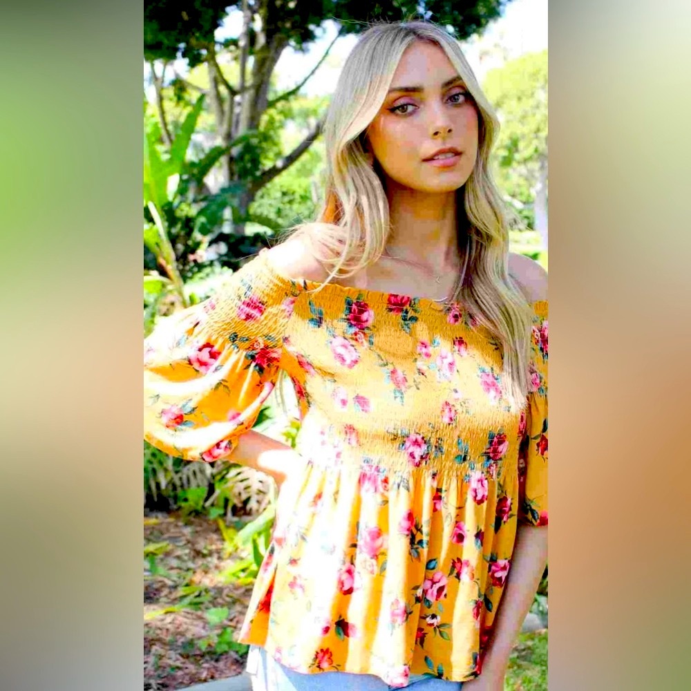 Boho Smocked Off-the-Shoulder Floral Blouse